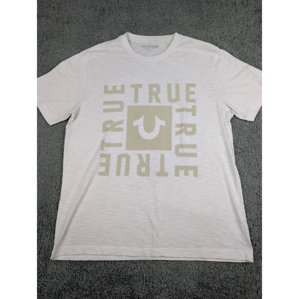 True Religion‎ TShirt Men's L White/Tan Graphic Logo Horse Shoe Square